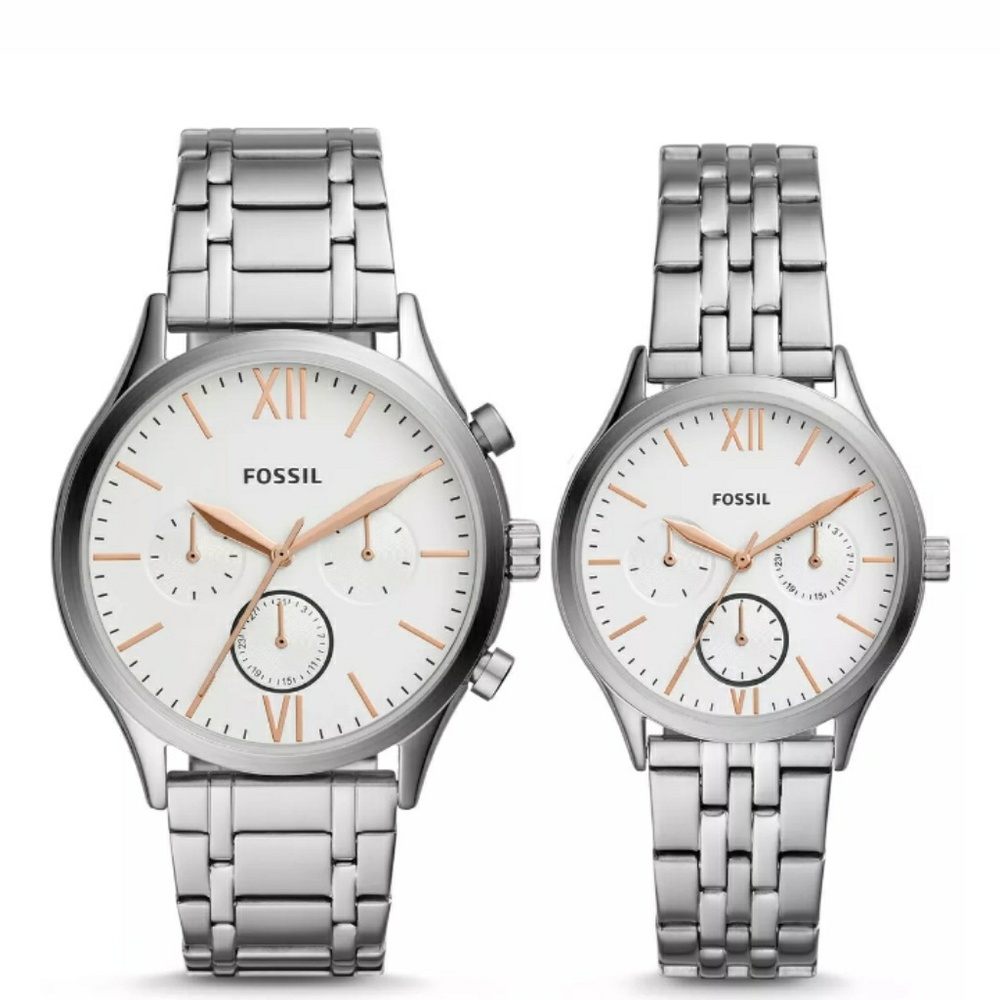 Fossil Couple Gift Set Fenmore White Face Silver - Picture 2 of 3